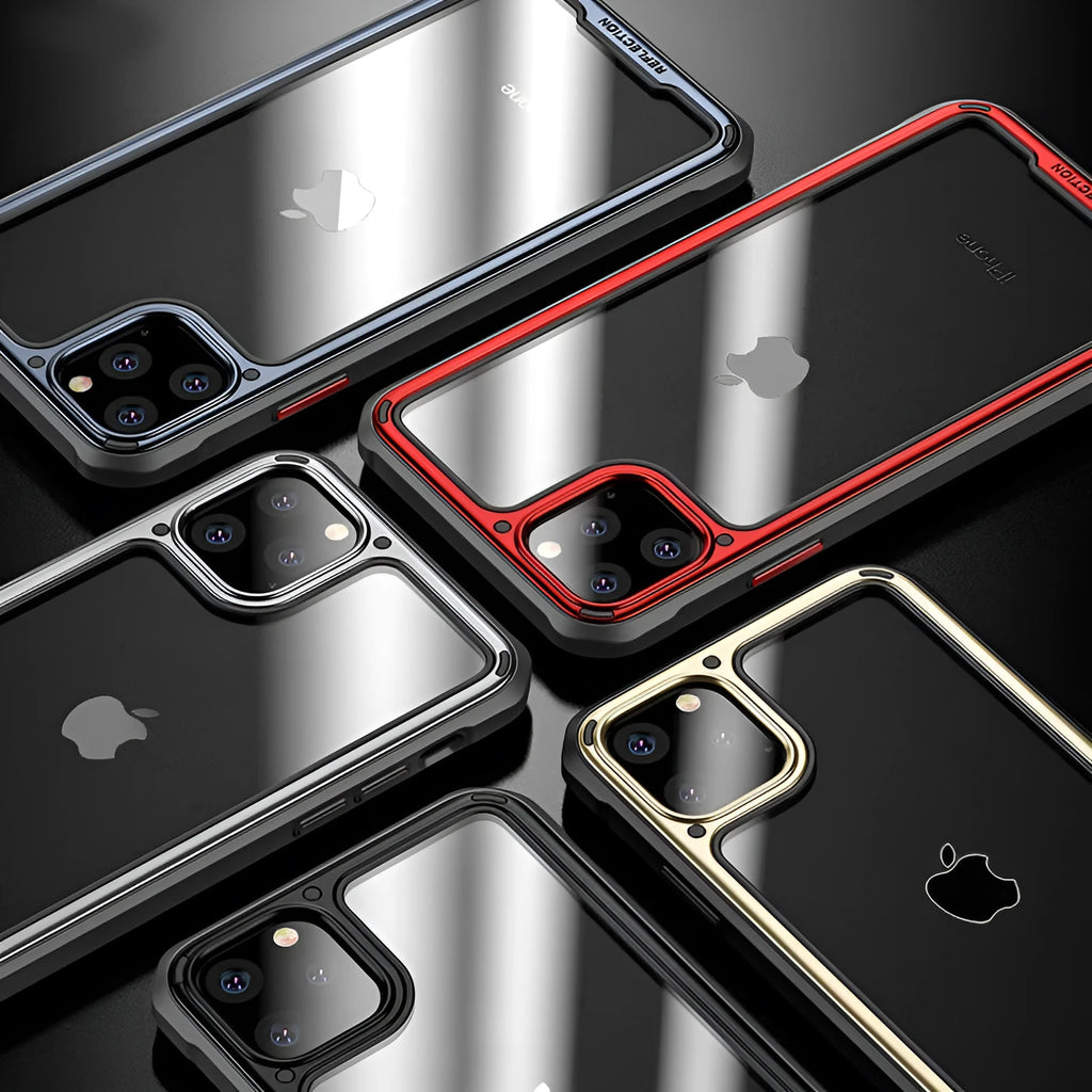 Transparent silicone mobile phone case for iPhone 11 on a table, showing back cover design.