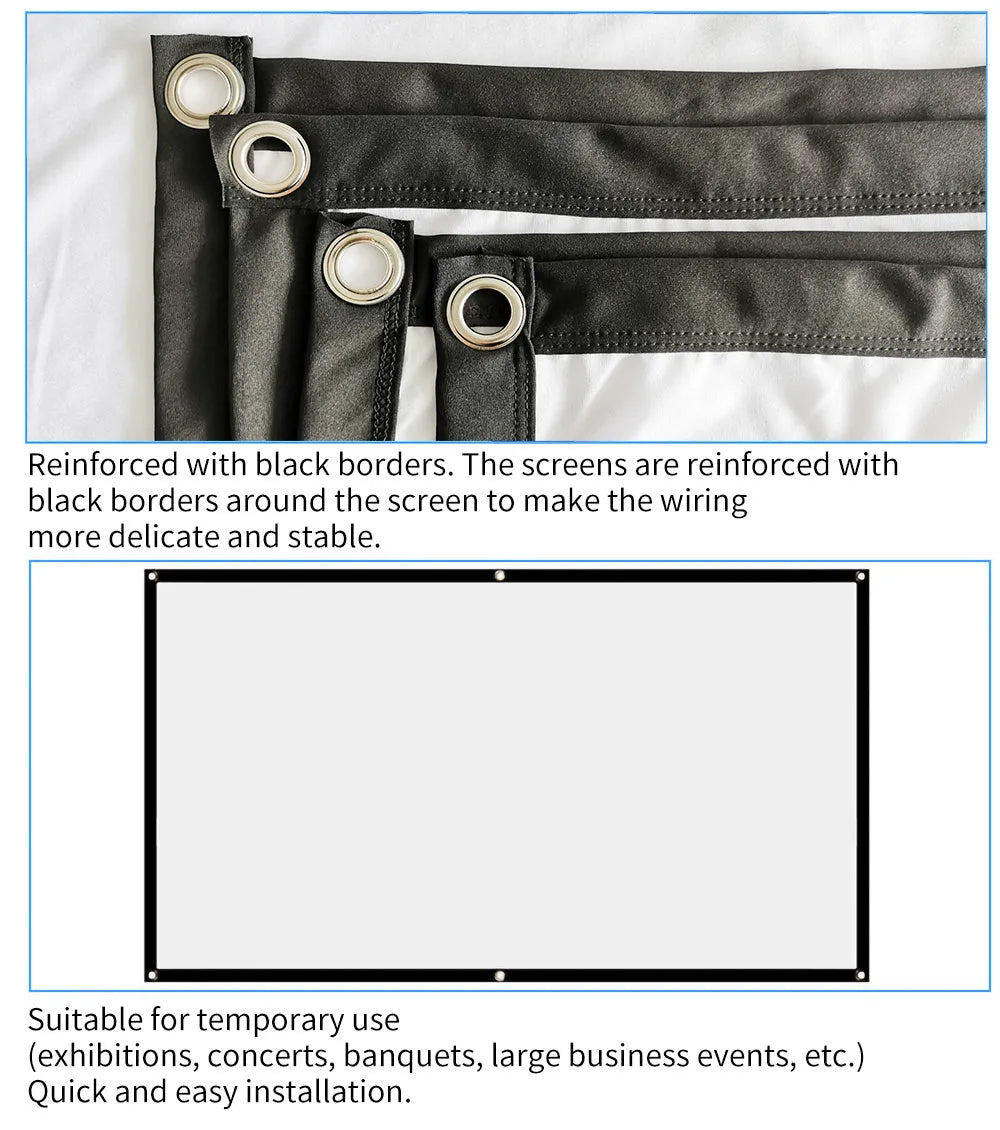 Foldable 16:9 projector screen in white polyester, 60-150 inch sizes, with edge hooks for HD home theatre