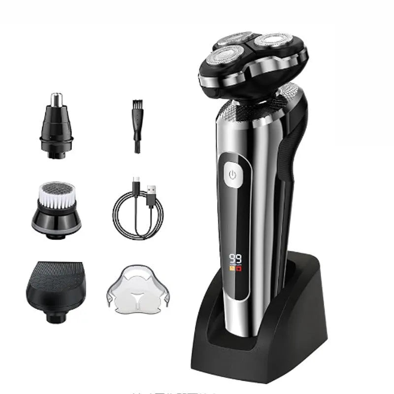 USB rechargeable beard trimmer with digital LED display on a five-in-one base bracket.