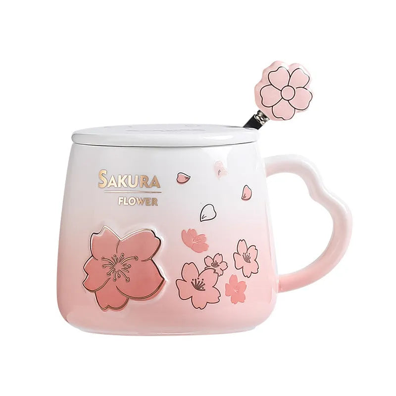 Japanese cherry blossom ceramic cup 400ml white porcelain cylindrical pink floral with lid and spoon