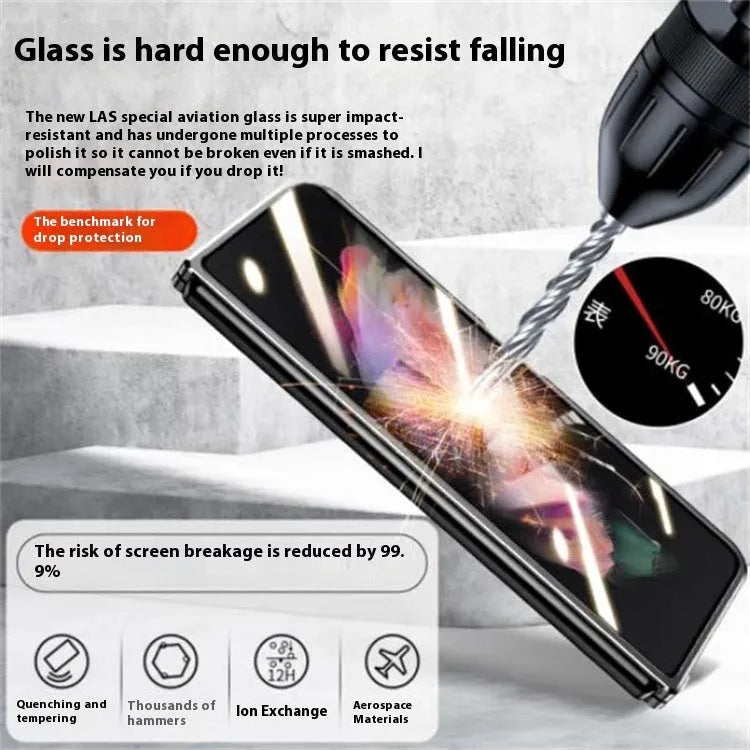Samsung Z Fold magnetic suction glass phone case in transparent mirror finish with metal body and anti-fingerprint surface.