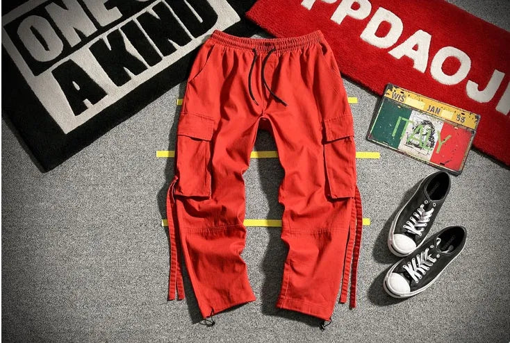 Ribbon Cargo Pants with elasticated waistband and pockets in Black, Gray, and Red colour options
