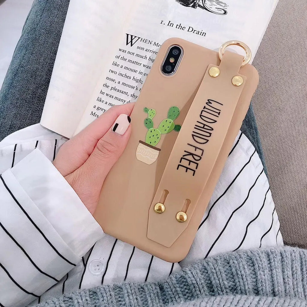 Green graffiti design wristband holder phone case for iPhone shown from the back.