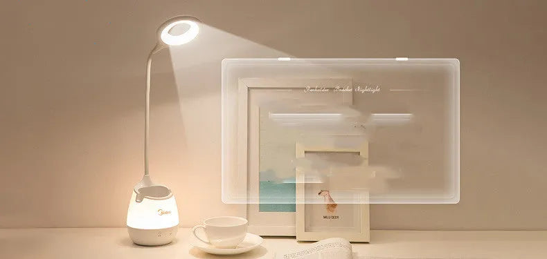 Green USB rechargeable table lamp with touch switch on a wooden desk.