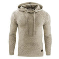 Men's black cotton-polyester hooded sweatshirt on a hanger, showing the front and hood.