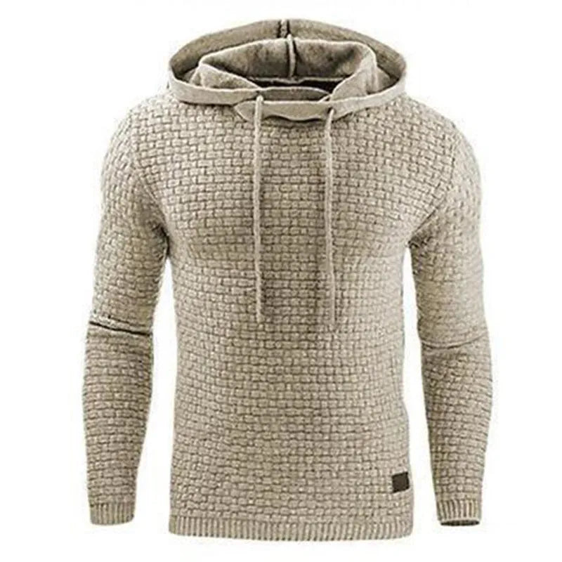 Men's black cotton-polyester hooded sweatshirt on a hanger, showing the front and hood.