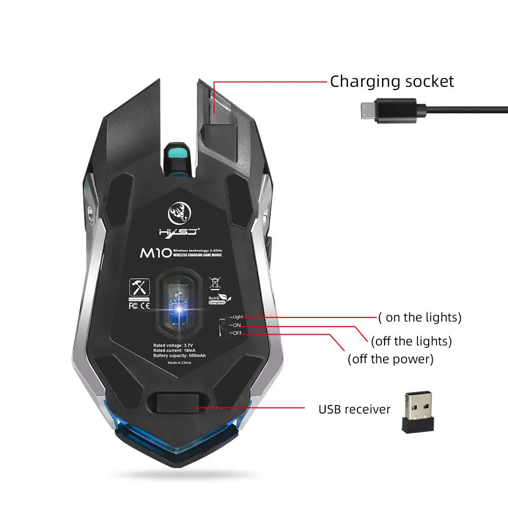 HXSJ wireless gaming mouse black with glowing effect, ergonomic shape, six buttons