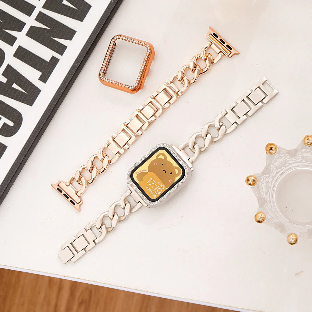 Metal denim chain design Apple Watch strap in silver, black, gold, rose gold and Starlight colours for 38mm to 49mm models.