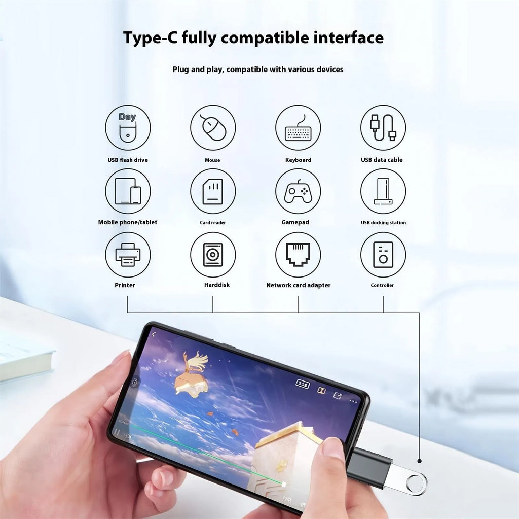 USB C to USB A adapter in metallic colours with zinc alloy housing for 10Gbps data transfer