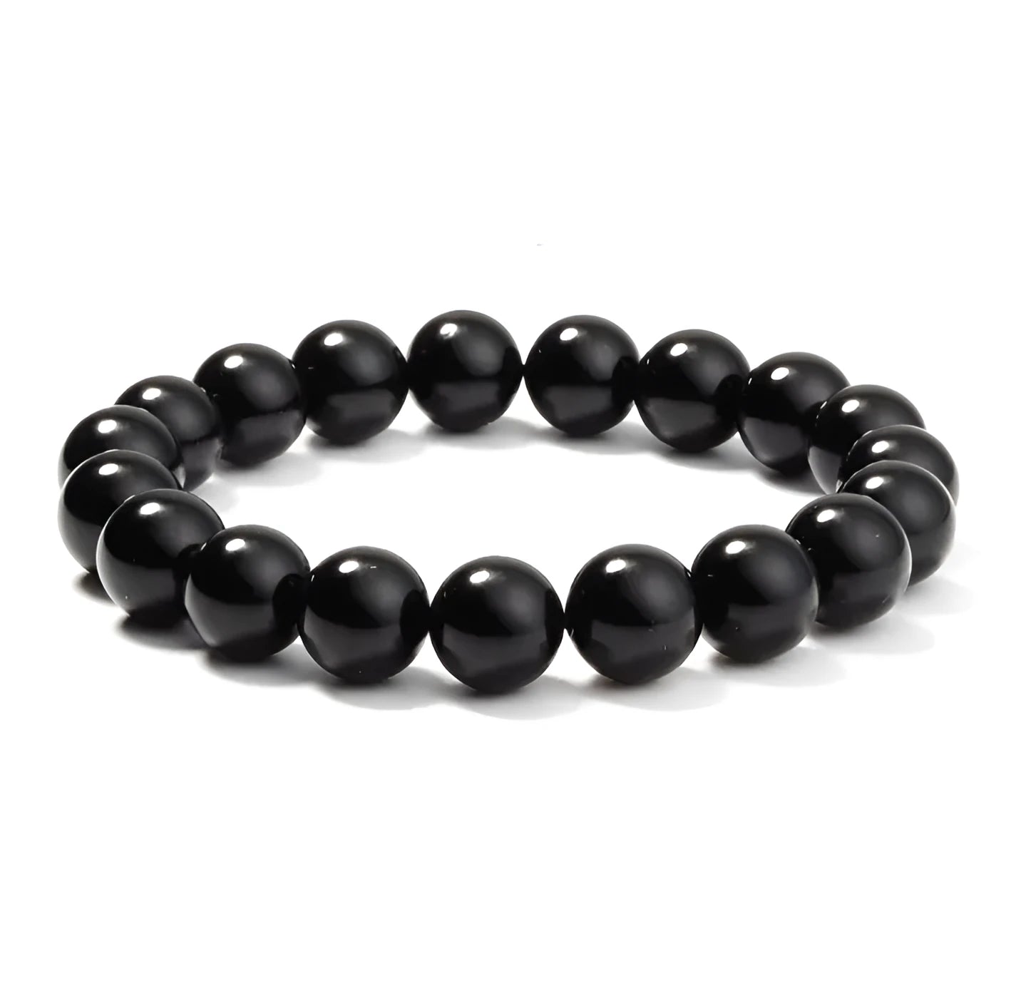 Close-up of a women's black agate bracelet with 8mm geometric beads on a black elastic cord.