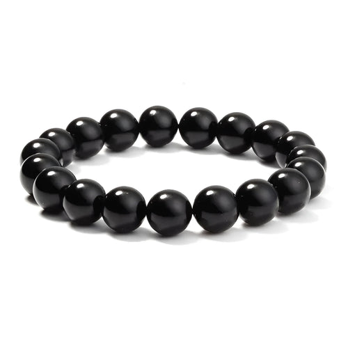 Black onyx bracelet with 8mm round black agate beads on elastic cord, geometric women's jewellery