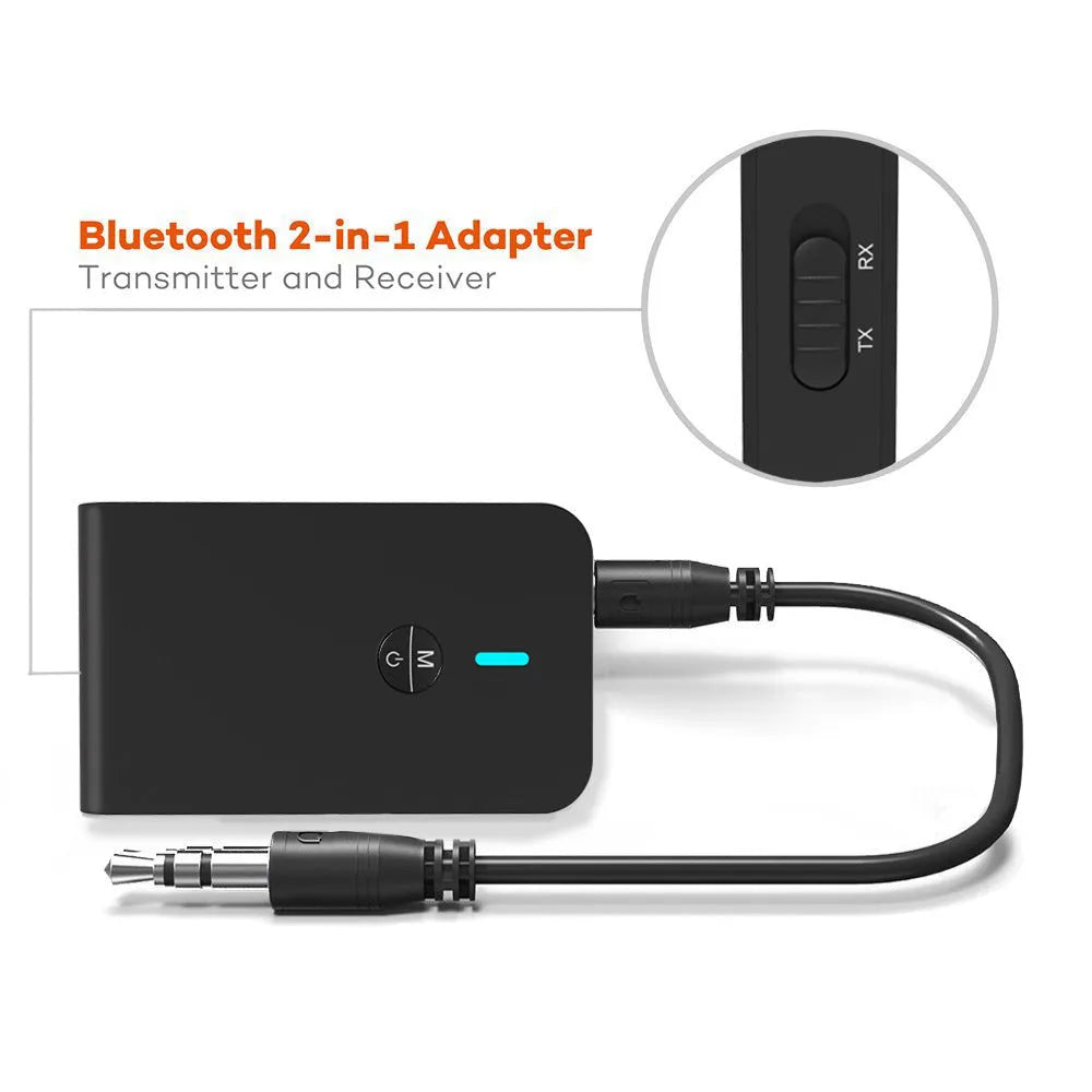 Black Bluetooth adapter with 3.5mm AUX plug for wireless audio transmission