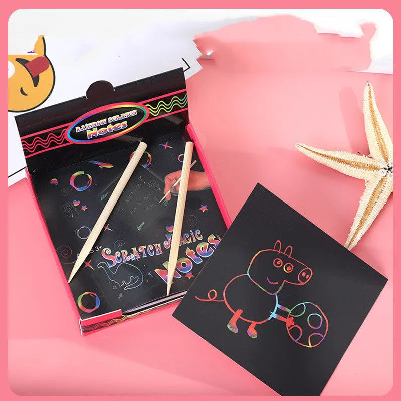 Colorful Trumpet Scratch Painting paper set in 8.8x8.8x2.5cm colour box with 100 sheets and 145g weight