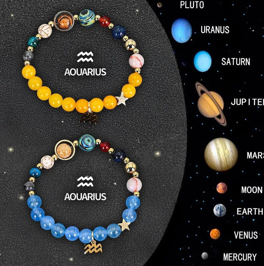Twelve zodiac sign natural stone beaded bracelets showing different astrology designs