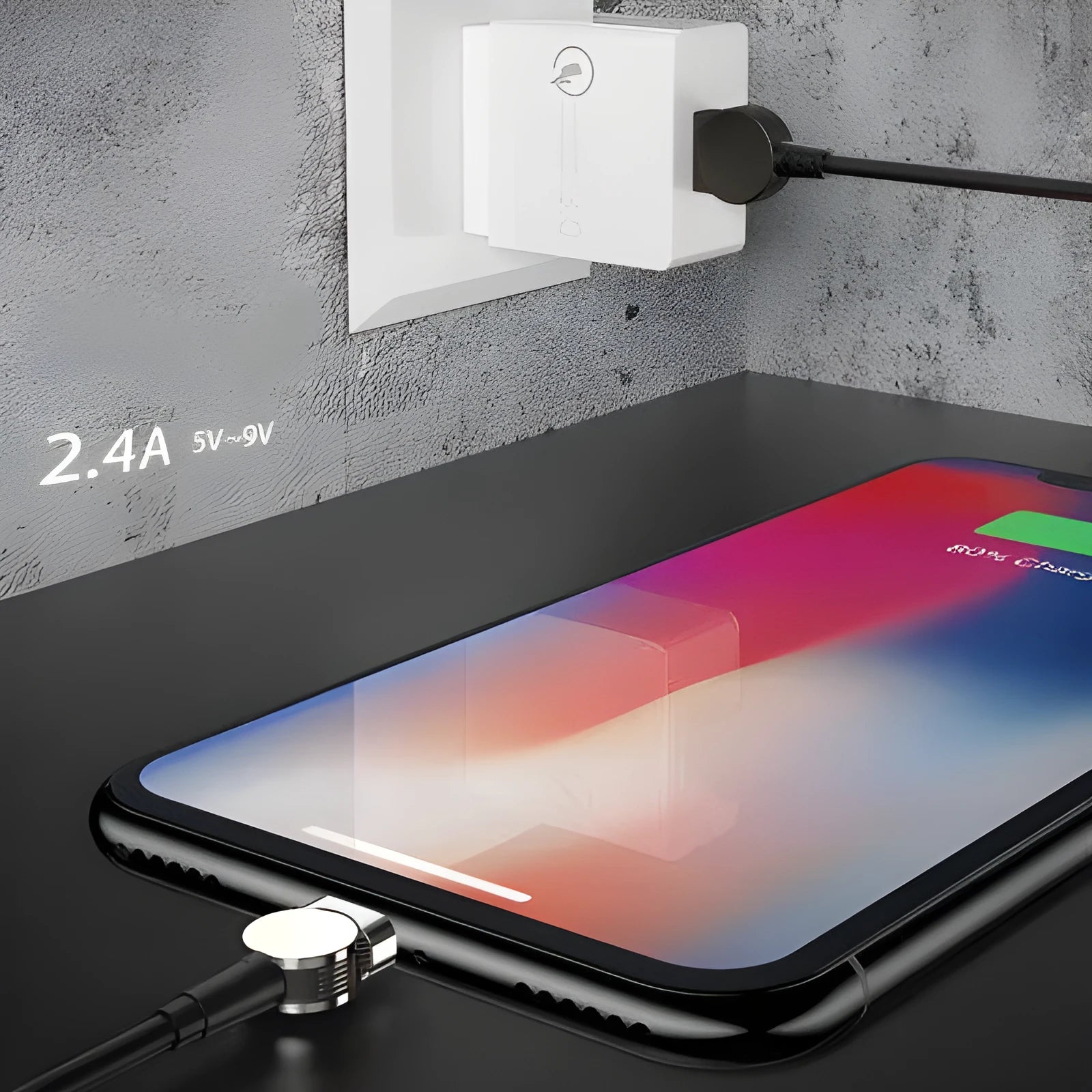 Rotating magnetic three-in-one charging cable with blind magnetic connector in 1m length, black colour, with interchangeable Apple, Type-C, and Android heads