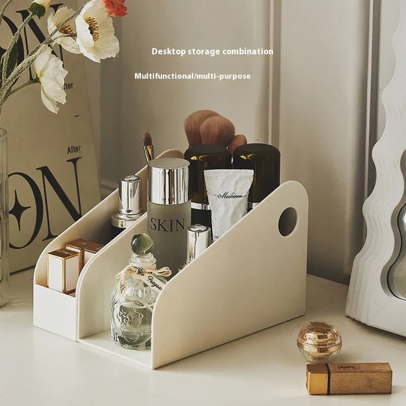 Milk coffee coloured two-tier plastic desktop storage box for stationery and documents