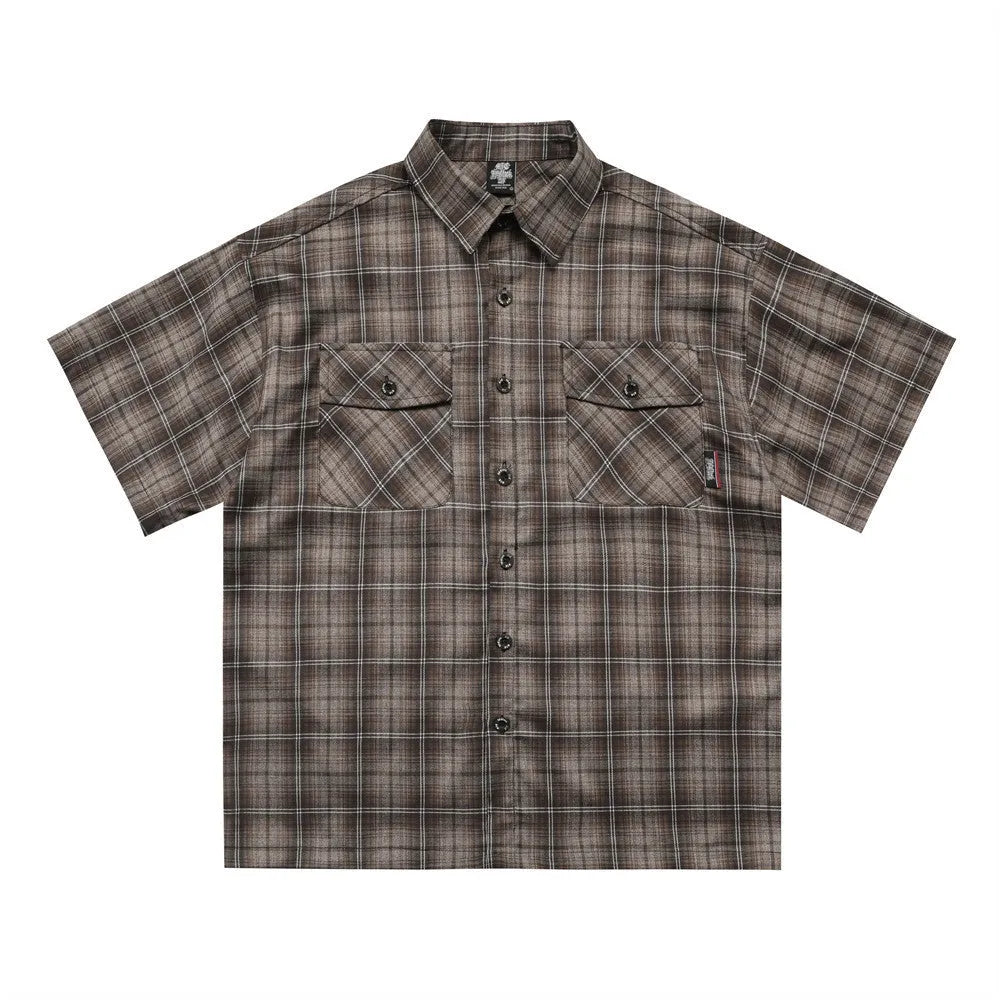 Men's black plaid short sleeve shirt with embroidered letter design on lapel
