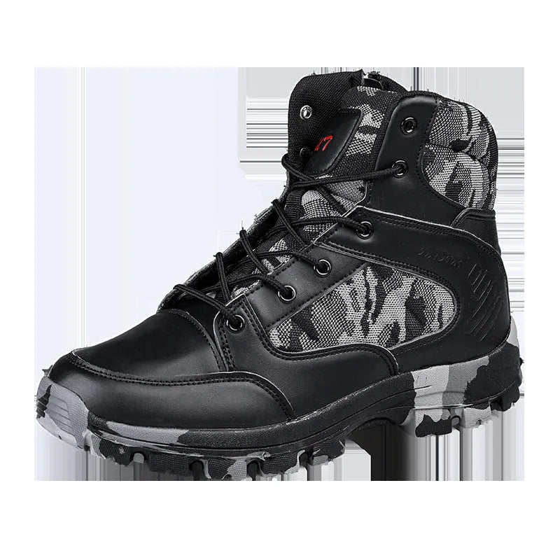 Men's black high-top hiking shoes with metal eyelets on a rocky outdoor path.