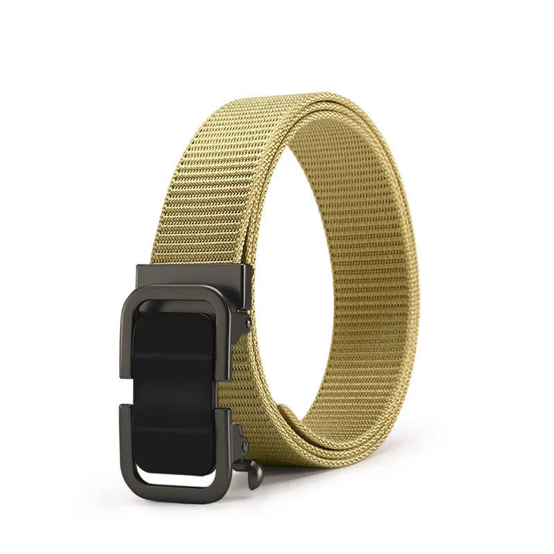 Men's toothless nylon canvas belt with alloy buckle showing adjustment mechanism
