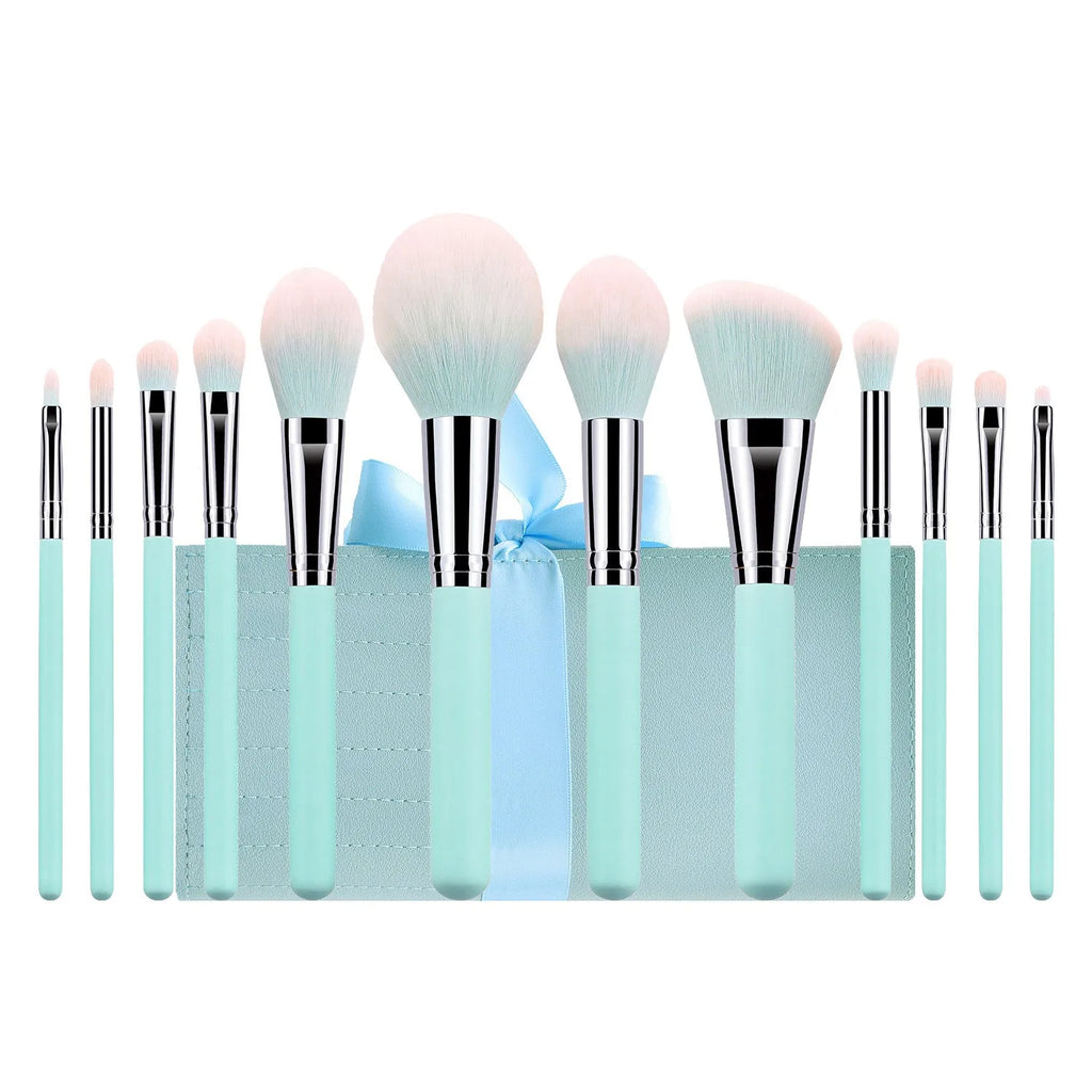 12-piece makeup brush set with light blue wooden handles and blue PU brush bag for foundation and eye shadow