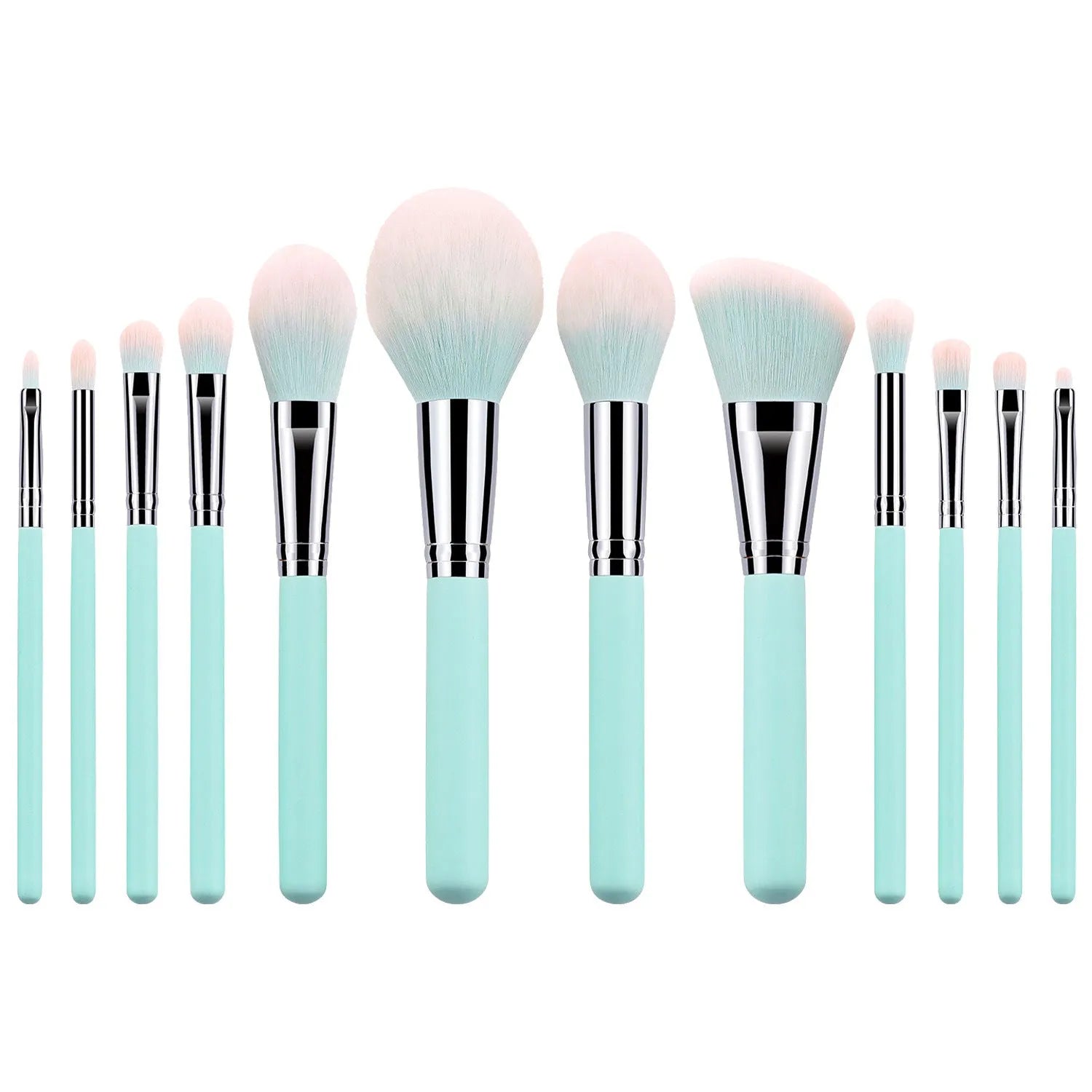 12-piece makeup brush set with light blue wooden handles and blue PU brush bag for foundation and eye shadow