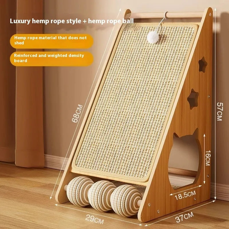 Vertical wall-mounted cat scratch board with sisal and hemp rope surface and a fixed cat teasing ball.