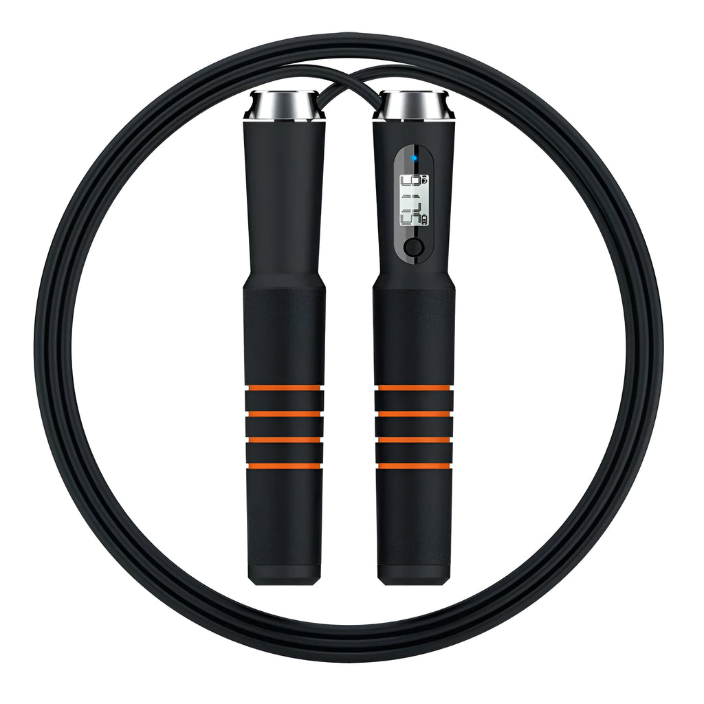 Smart Bluetooth counting skipping rope with LCD display, adjustable 3m PVC rope and black orange ABS stainless steel EVA handles.