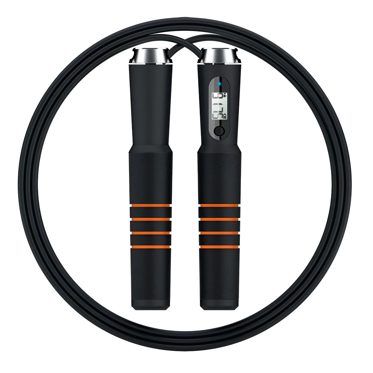 Smart Bluetooth counting skipping rope with LCD display, adjustable 3m PVC rope and black orange ABS stainless steel EVA handles.