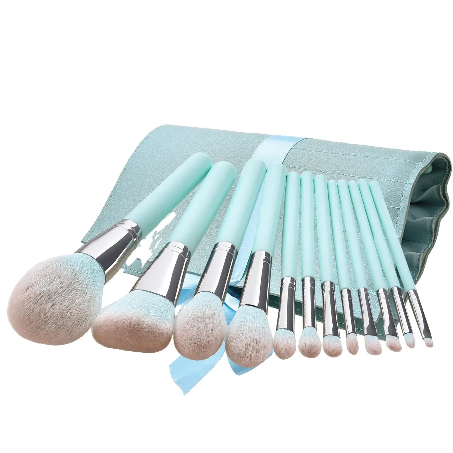 12-piece makeup brush set with light blue wooden handles and blue PU brush bag for foundation and eye shadow