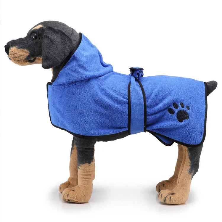 Strong absorbent dog towel pet bathrobe with adjustable belt and Velcro neckline, sizes XS to XL