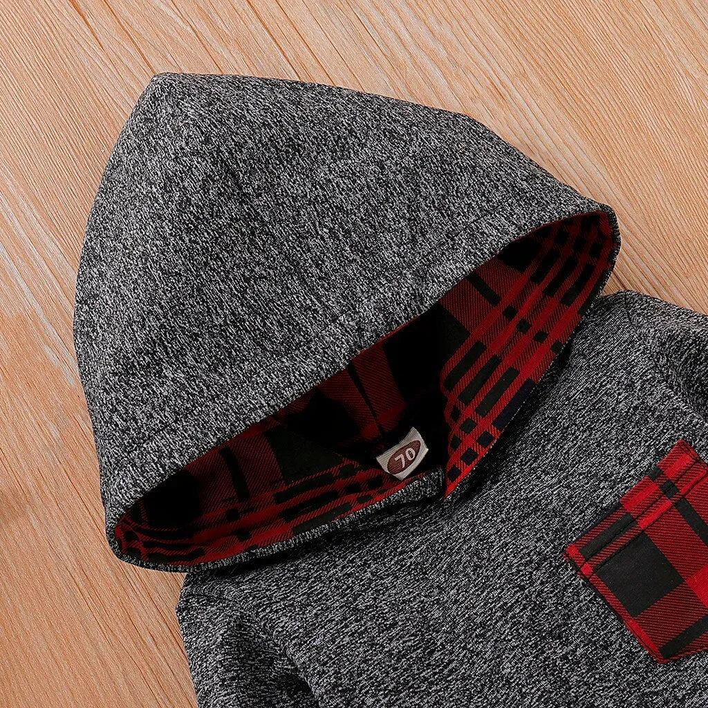 Baby long sleeve plaid sweater set in cotton blend, shown in grey and red, sizes 70cm to 110cm