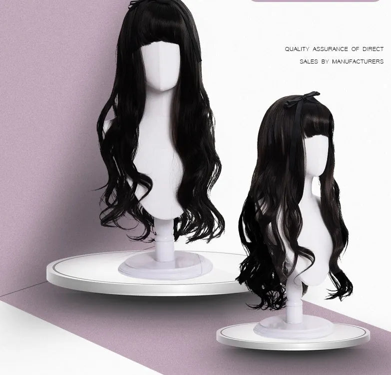 Long roll wig with air bangs in black, 68 cm length, heat resistant synthetic cosplay wig