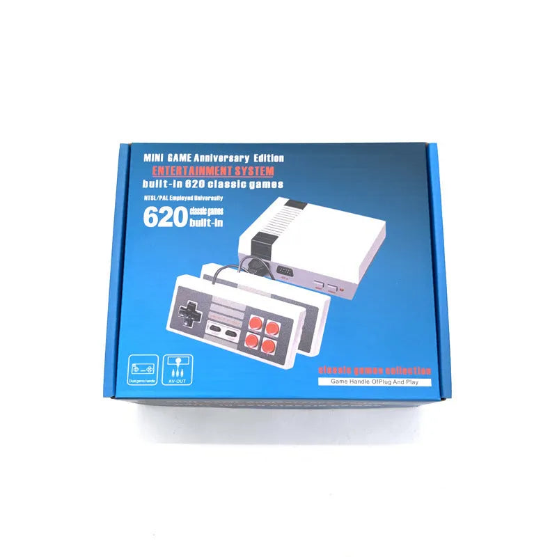 Compact black NES 8-bit retro game console with two controllers on a table
