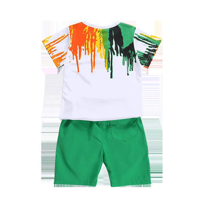 Childrens clothes set summer short sleeve top and shorts green orange Korean style boys 100-150cm