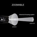Black aluminium alloy zoomable focus LED torch with antiskid grip on a textured surface.