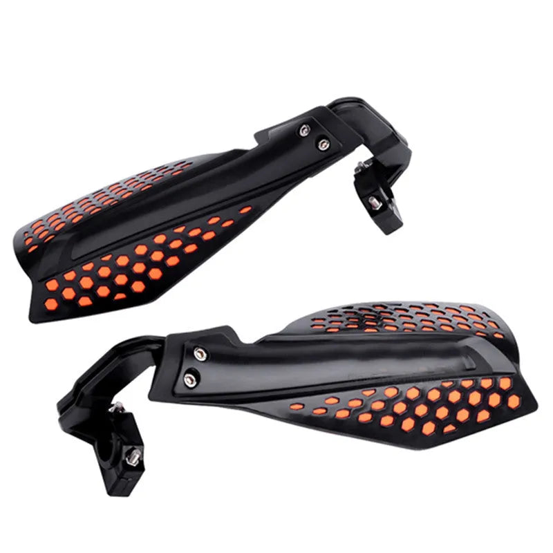 Plastic motorcycle hand guards in black and orange for universal handlebar fit