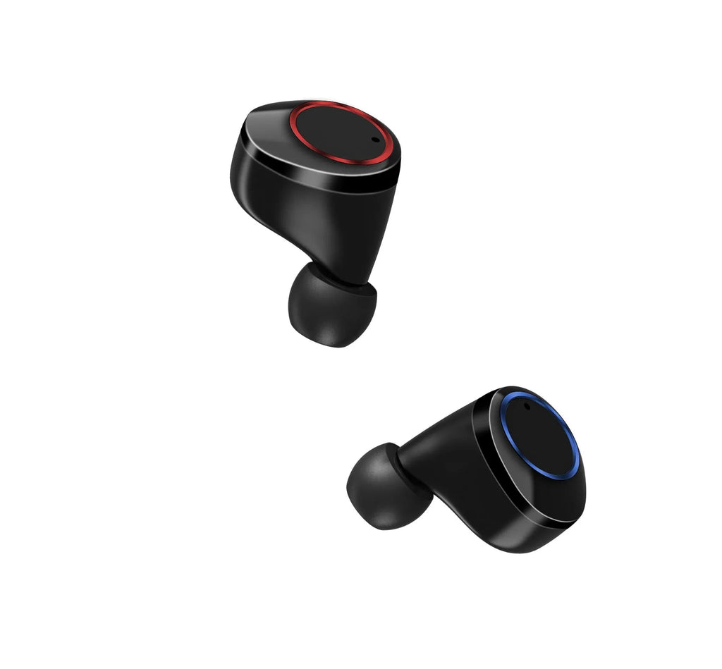 Black X11 wireless Bluetooth earbuds inside their white charging case, with silicone ear sleeves.