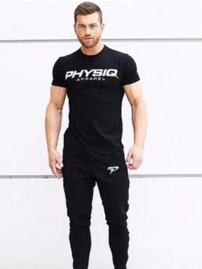 Summer men's cotton slim fit running T-shirt in solid colour black, front view