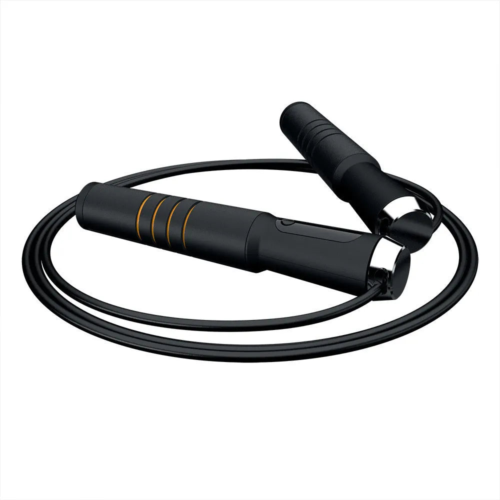 Smart Bluetooth counting skipping rope with LCD display, adjustable 3m PVC rope and black orange ABS stainless steel EVA handles.