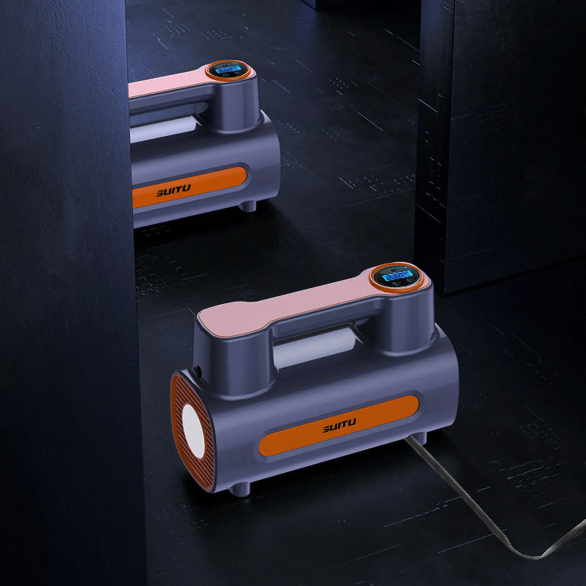 Cordless tyre inflator with digital display and LED light charging via USB