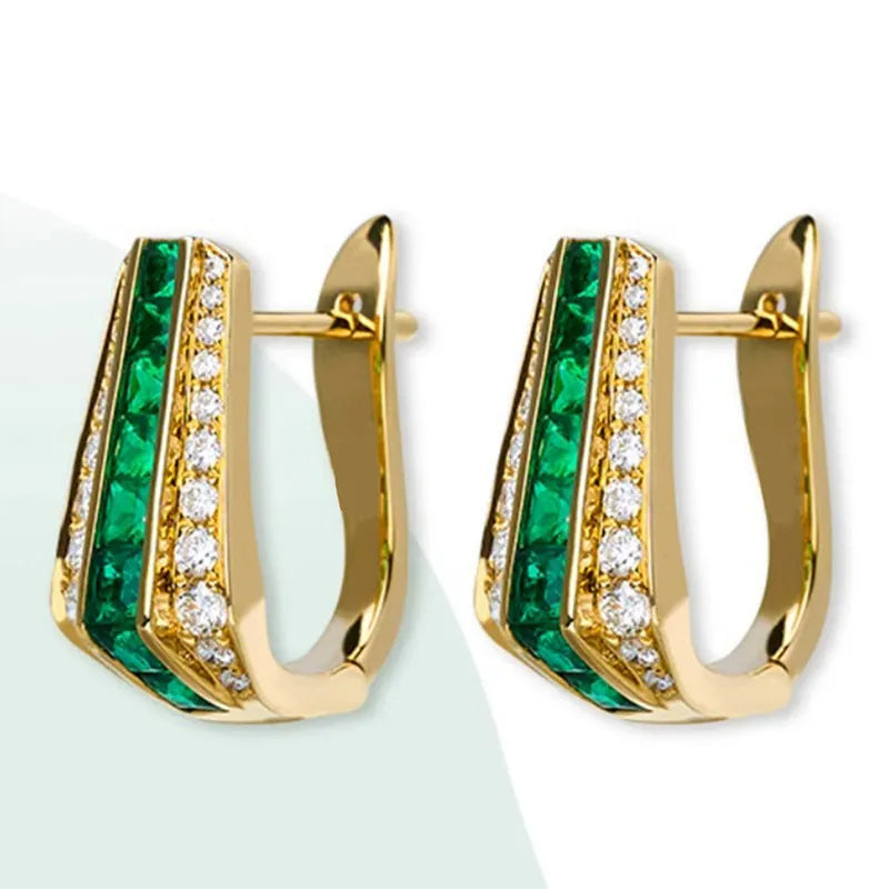 Copper geometric clip-on earrings for women with faux emerald and inlaid zircon in yellow gold