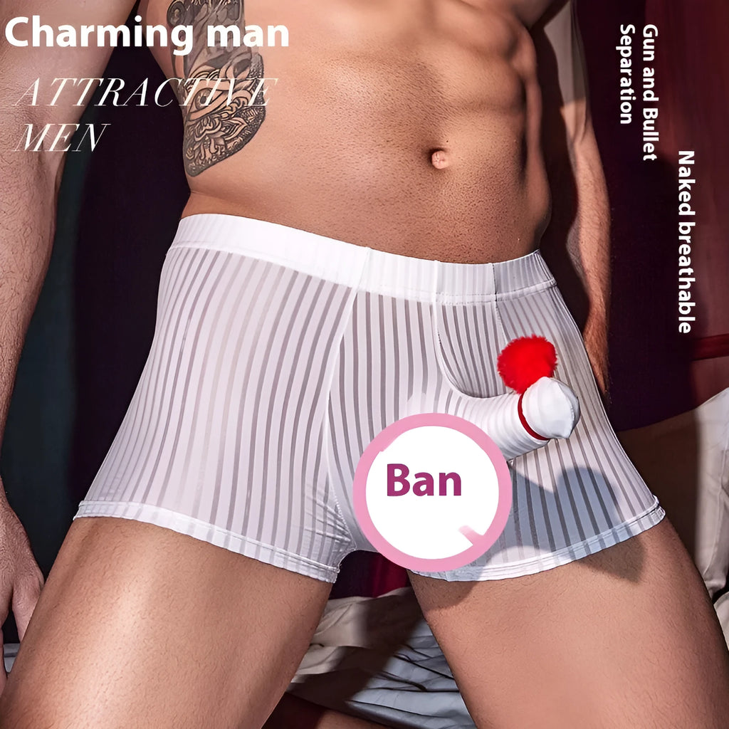 Men's black striped boxer briefs with a cotton blend gusset, shown laid flat.