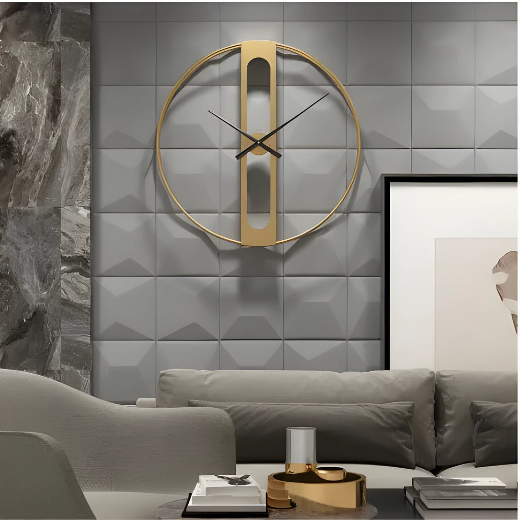 Round metal wall clock with 50cm diameter in black or gold finish on a wall