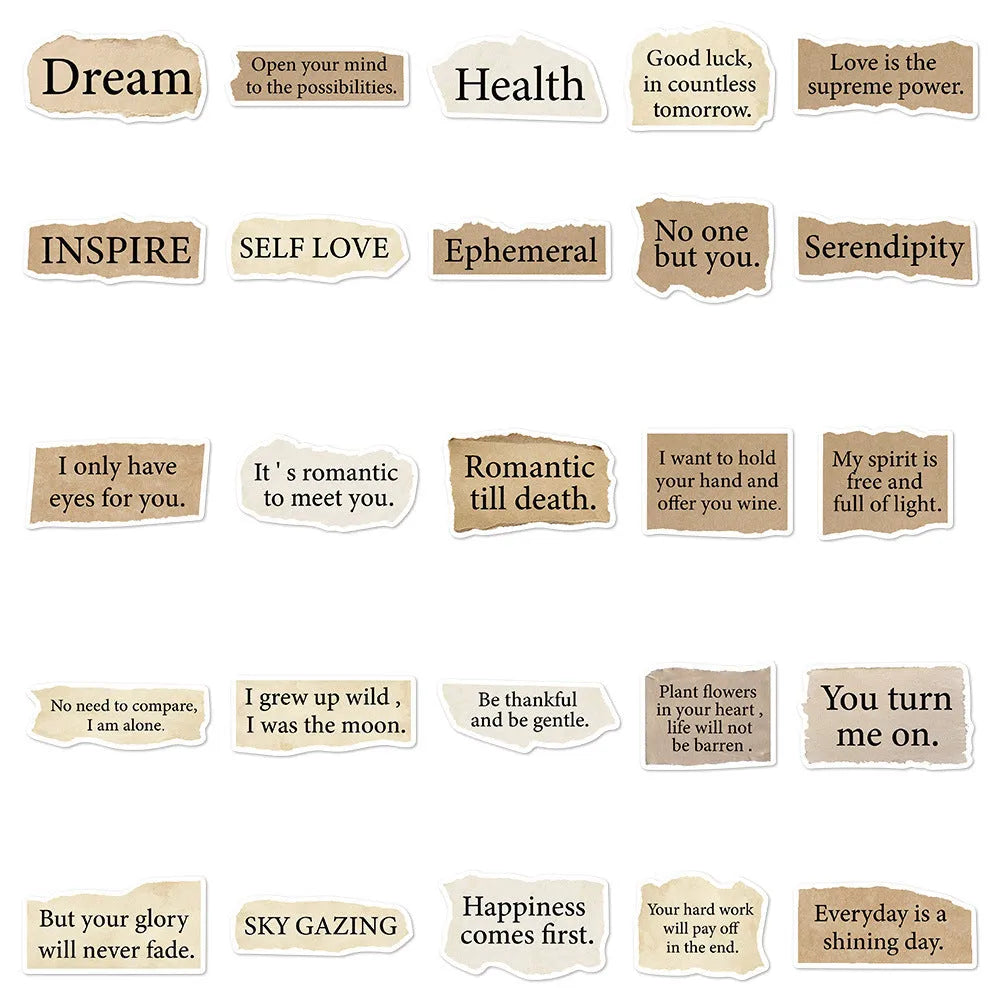 Set of 25 torn English design decorative stickers for laptops and notebooks.