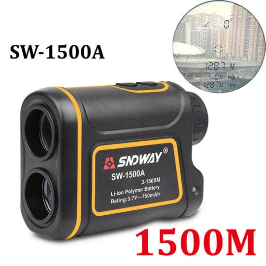 Black handheld golf laser rangefinder unit showing compact size and display.