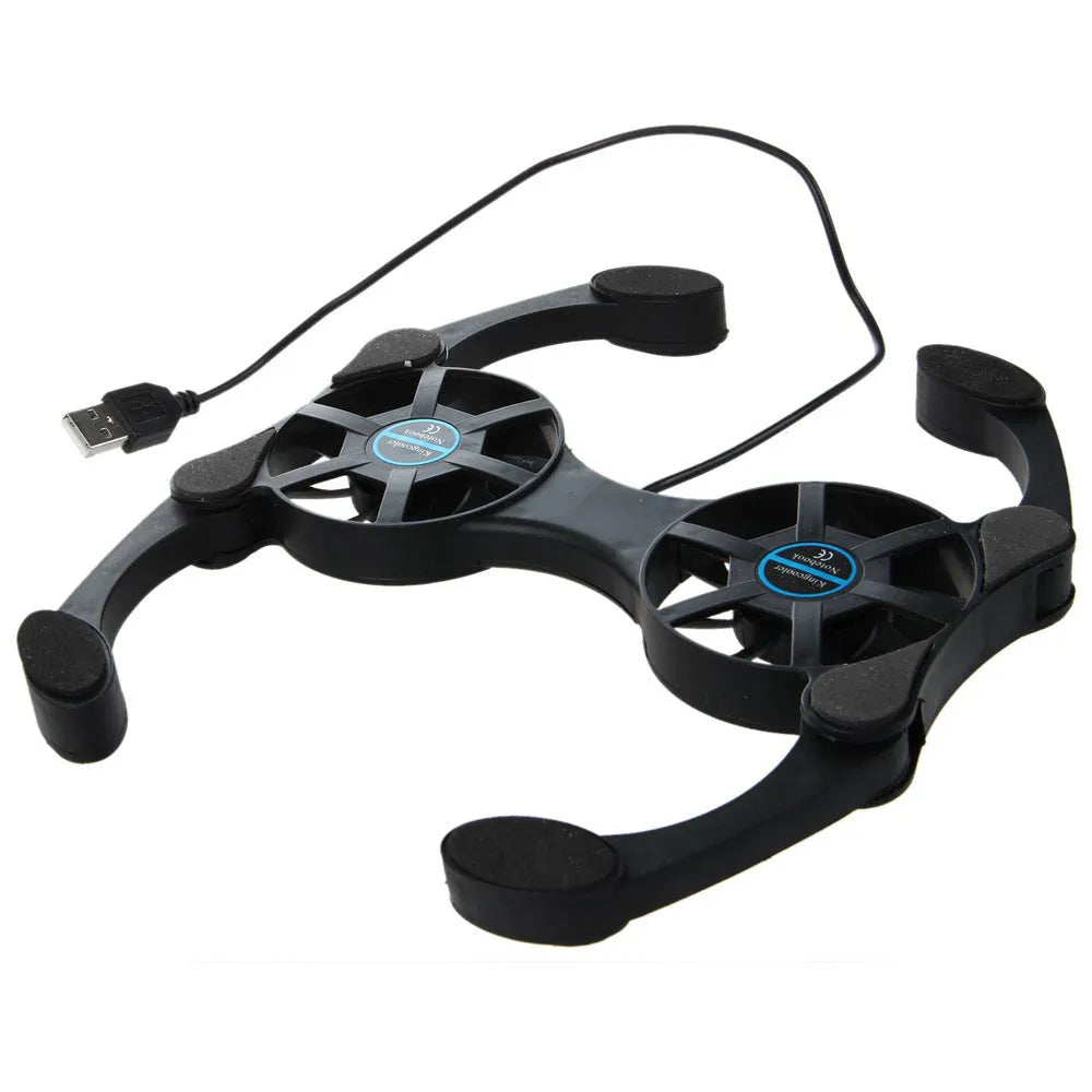 Black portable folding laptop cooler with dual 70mm fans and anti-slip pad