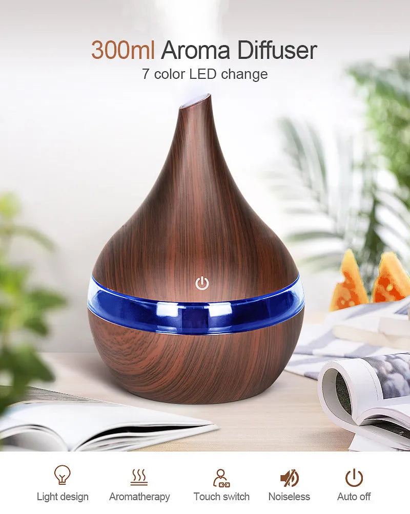 LED essential oil diffuser in wood grain finish, 12x11cm, USB powered, fireproof ABS and PP