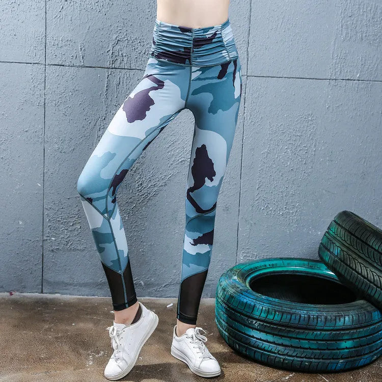 Printed Lycra yoga pants for women in green, high waist design, size S