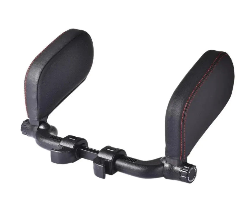 PU leather car headrest pillow with adjustable side support, 14x14cm, universal fit for car seats with 10-18cm headrest rod distance