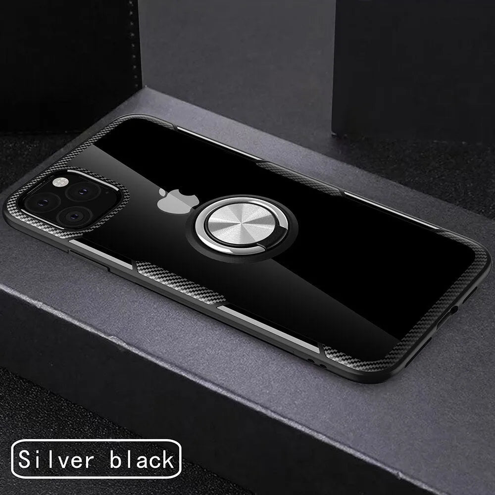 Black PU and PC protective case fitted on an iPhone 11 Pro Max, showing button and port access.